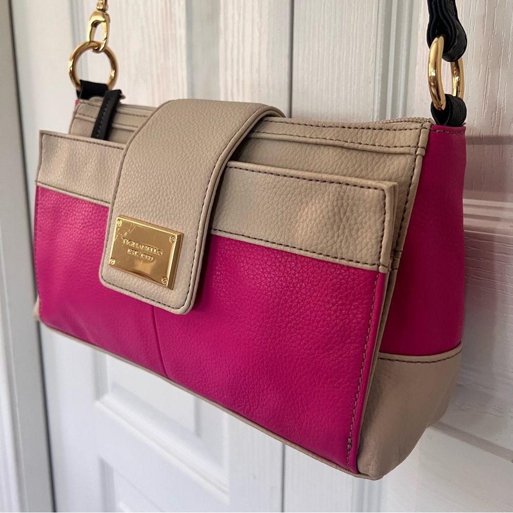 Tignanello Hot Pink Beige Black Leather Crossbody Clutch Handbag - Picture 17 of 17
